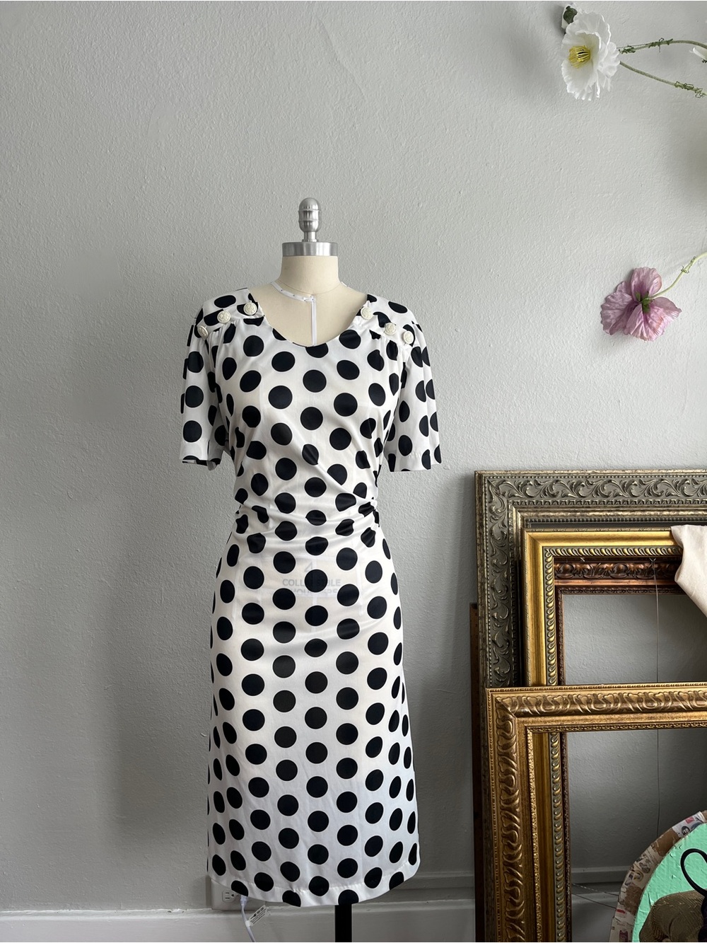 Vintage Black and White Polka Dot Midi Dress